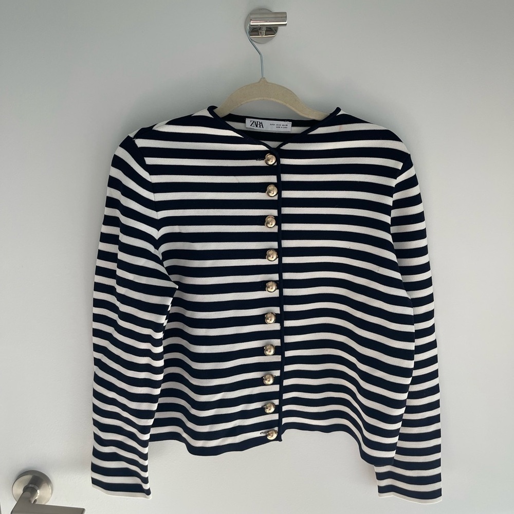 Zara Navy and White Striped Top with Gold Accents